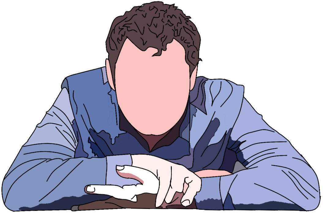 Illustrated portrait of Hein leaning forward with his hands together